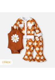 3pcs Baby Girl 95% Cotton Spaghetti Strap Romper and All Over Daisy Floral Print Checkered Long-sleeve Cardigan with Flared Pants Set