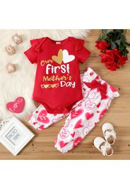 Mother's Day 2pcs Baby Girl Love Heart and Letter Print Short-sleeve Romper with Bowknot Trousers Set