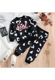2pcs Toddler Girl Letter Print Black Pullover Sweatshirt and Elasticized Pants Set