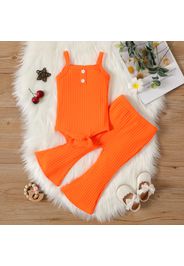 2pcs Baby Girl Fluorescent Color Spaghetti Strap Ribbed Romper and Flared Pants Set