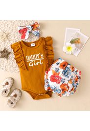 3pcs Baby Girl Letter Print Orange Sleeveless Ruffle Romper and Floral Print Shorts Set