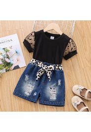 2pcs Toddler Girl Polka dots Mesh Short-sleeve Black Tee and Belted Ripped Denim Shorts Set