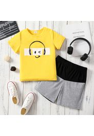 2-piece Kid Boy Face Emojis Print Short-sleeve Yellow Tee and Colorblock Shorts Set