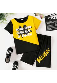 2pcs Kid Boy Casual Letter Print Colorblock Short-sleeve Tee and Elasticized Shorts Set