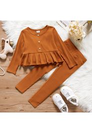 2-piece Toddler Girl Button Design Ruffle Hem Long-sleeve Top and Brown Leggings Set