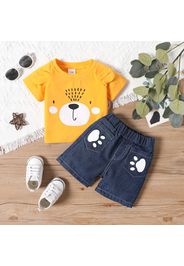 2pcs Baby Boy/Girl Cartoon Bear Print 3D Ears Decor Short-sleeve Tee and Denim Shorts Set