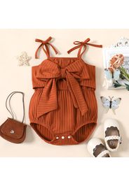 Baby Girl Ribbed Brown/White Butterfly Print Sleeveless Spaghetti Strap Bowknot Romper