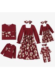 Family Matching Dark Red Square Neck Long-sleeve Splicing Floral Print Dresses and T-shirts Sets