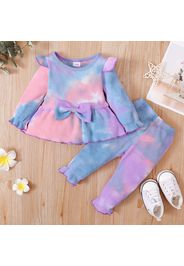 Baby 2pcs Tie Dye Waffle Long-sleeve Ruffle Bowknot Top and Trouser Set