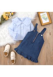 2pcs Baby Girl 100% Cotton Denim Ruffle Trim Overall Dress and Statement Collar Long-sleeve Gingham Shirt Set