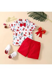 2-piece Toddler Boy Christmas Tree Santa Deer Print Bow Design Shirt and Red Shorts Set