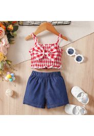 2pcs Baby Girl 95% Cotton Shorts and Gingham Bow Front Shirred Cami Top Set