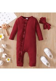 2pcs Baby Girl Solid Waffle Cotton Long-sleeve Ruffle Zip Jumpsuit Set