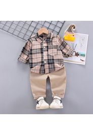 2-piece Toddler Boy 100% Cotton Lapel Collar Button Design Plaid Shirt and Cargo Pants Set