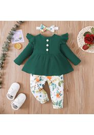 3pcs Baby Girl Solid Ribbed Button Down Long-sleeve Top and Floral Print Trousers Set