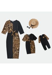 Leopard Splicing Black V Neck Half-sleeve Dress for Mom and Me