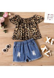 2-piece Kid Girl Leopard Print Off Shoulder Flounce Sleeveless Tee and Ripped Denim Shorts Set