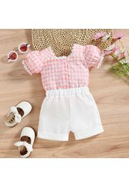 2pcs Baby Girl Plaid Puff-sleeve Lace Button Front Top and Solid Shorts Set