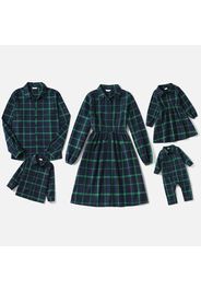 Family Matching Dark Green Plaid Long-sleeve Button Dresses and Shirts Sets