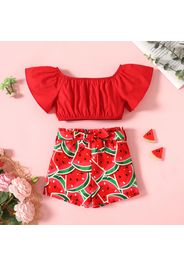 2-piece Toddler Girl Bell sleeves Red Top and Belted Watermelon Print Shorts Set