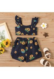 2pcs Baby Girl Allover Sunflower Floral Print Sleeveless Denim Crop Top and Shorts Set