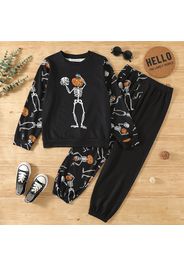 2-piece Kid Boy Halloween Pumpkin Skeleton Print Long-sleeve Black Tee and Pants Set