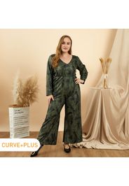 Women Plus Size Vacation V Neck Leaf Print Long-sleeve Jumpsuit