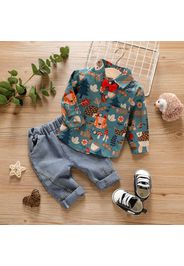 2pcs Baby Boy All Over Animal Print Long-sleeve Shirt and Jeans Set