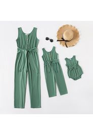Solid Green Sleeveless Tank Tie Waist Jumpsuit for Mom and Me