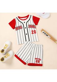 2-piece Kid Boy Letter Number Print Stripe Short-sleeve Tee and Elasticized Shorts Set