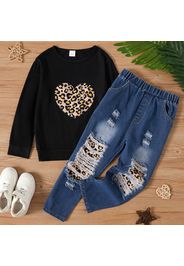 2-piece Kid Girl Leopard Heart Print Black Pullover Sweatshirt and Patchwork Ripped Jeans Denim Pants Set