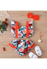 3pcs Baby Girl Allover Rose Floral Print Ruffle Sleeveless Crop Top and Shorts with Headband Set