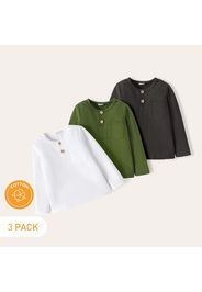 3-Pack Toddler Boy 100% Cotton Button Pocket Design Solid Color Long-sleeve Tee