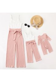 Cotton Ribbed White and Pink Splicing Sling Jumpsuit for Mom and Me