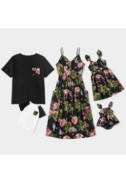 Floral Print Family Matching Sets(Front Buttons Sling Dresses with Pockets for Mom and Girl ; Short Sleeve T-shirts for Dad and Boy)