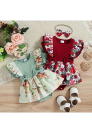 Baby Girl 95% Cotton Rib Knit Splicing Floral Print Ruffle Trim Short-sleeve Romper