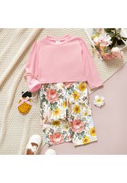 2-piece Toddler Girl Ribbed Long Puff-sleeve Top and Floral Print Paperbag Pants Set