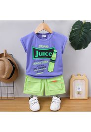 2pcs Toddler Boy Trendy Letter Print Tee and Pocket Design Cargo Shorts Set