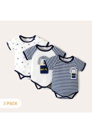 3pcs Baby Boy 95% Cotton Short-sleeve Cartoon Bear Print Striped Rompers Set