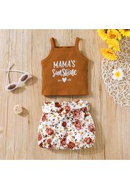 2pcs Baby Girl Cotton Ribbed Letter Embroidered Camisole and Floral Print Bloomers Shorts Set