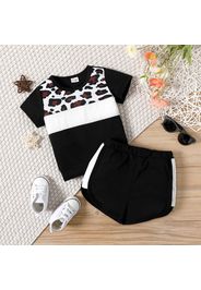 2pcs Baby Girl Leopard Colorblock Short-sleeve T-shirt and Shorts Set