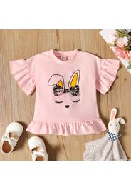 Toddler Girl Ruffled Rabbit Print Bowknot Design/Polka dots Short-sleeve Tee