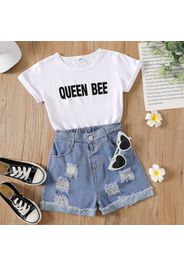 2pcs Kid Girl Letter Print Short-sleeve White Tee and Ripped Denim Shorts Set