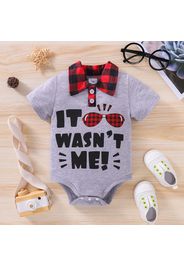 Baby Boy Plaid Sunglasses and Letter Print Contrast Collar Short-sleeve Romper