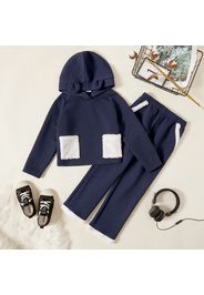 2-piece Kid Girl Ear Design Fuzzy Pocket Textured Hoodie Sweatshirt and Pants Set