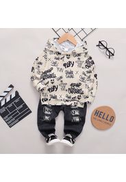 2pcs Toddler Boy Trendy Ripped Denim Jeans And Letter Print Hoodie Sweatshirt Set