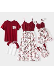 Family Matching Solid V Neck Button Up Spaghetti Strap Splicing Floral Print Dresses and Short-sleeve T-shirts Sets