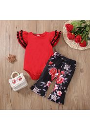 2pcs Baby Girl Pom Poms Layered Flutter-sleeve Red Romper and Floral Print Flared Pants Set