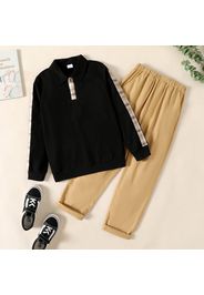 2pcs Kid Boy Preppy style Plaid Splice Lapel Collar Sweatshirt and Khaki Pants Set