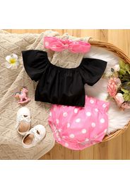 3pcs Baby Girl Solid Short-sleeve Top and Polka Dots Shorts with Headband Set